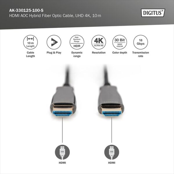 Digitus HDMI Fiber Kablo Altın Uçlu Siyah (10m) 4K