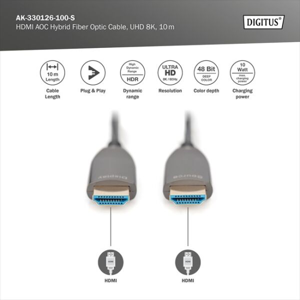 Digitus HDMI Fiber Kablo Altın Uçlu Siyah (10m) 8K