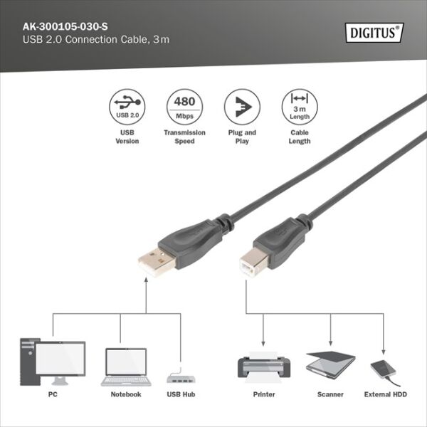 Digitus Yazıcı Kablosu Zırhlı Siyah USB 2.0 (3m)